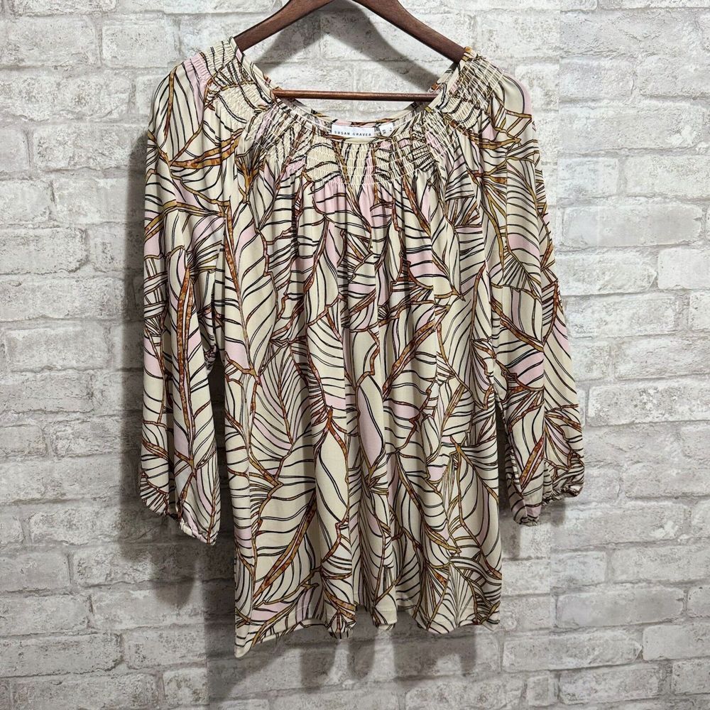 Susan Graver Cream Pink and Brown Leaf Print Peasant Blouse